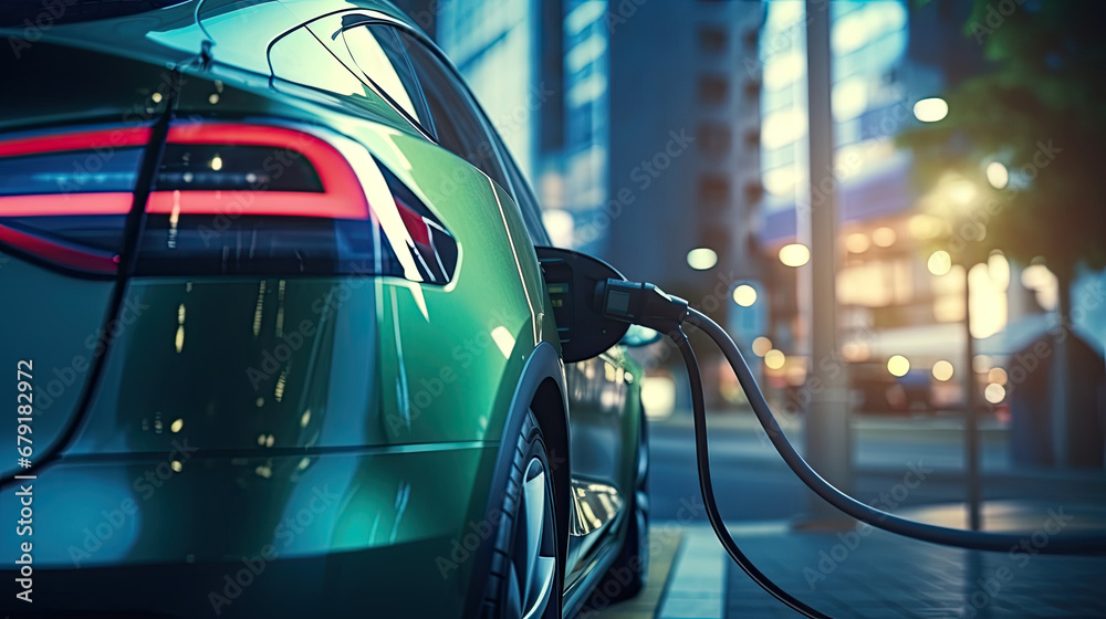 Power supply connected to electric vehicle charge battery. EV charging station for electric car or Plug-in hybrid car. Automotive innovation and technology concepts