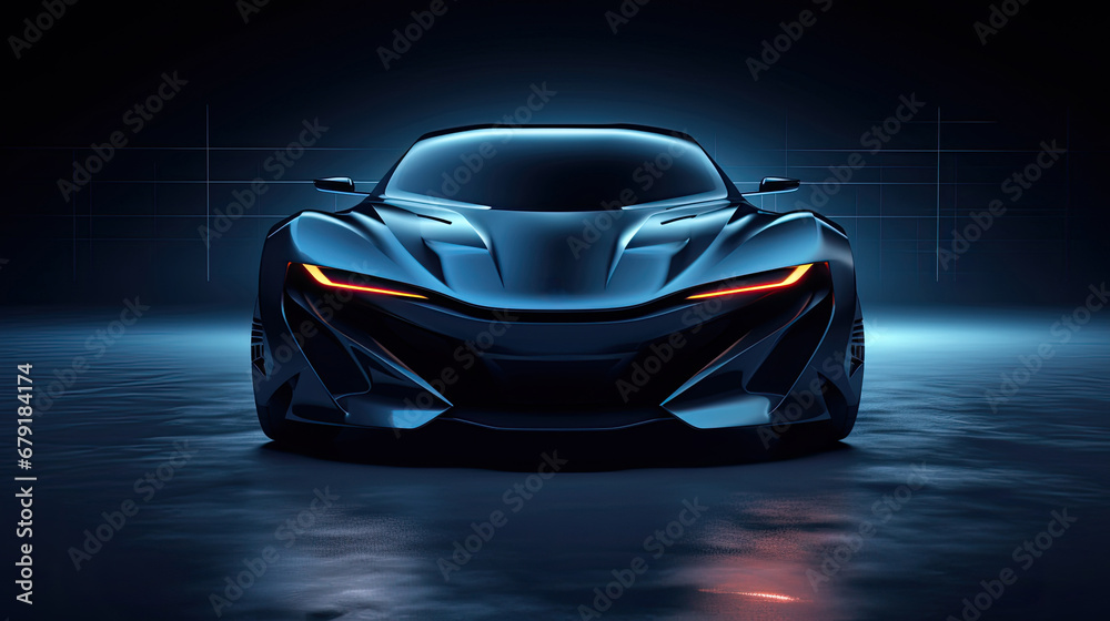 blue racing car, Car blue headlights, shape concept art dark