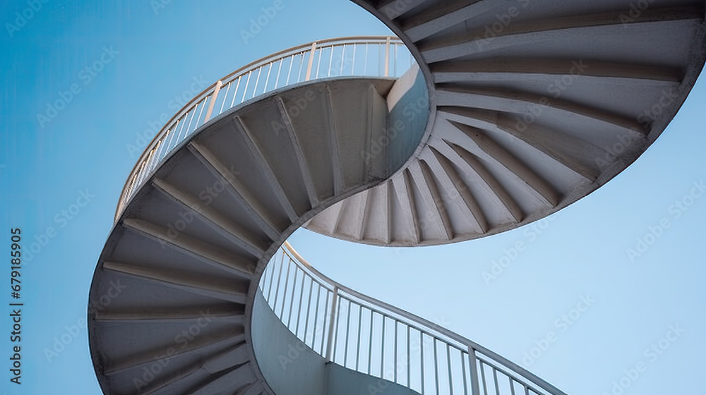 spiral staircase in the sky, Low angle shot of curved spiral stairs under a bright blue sky