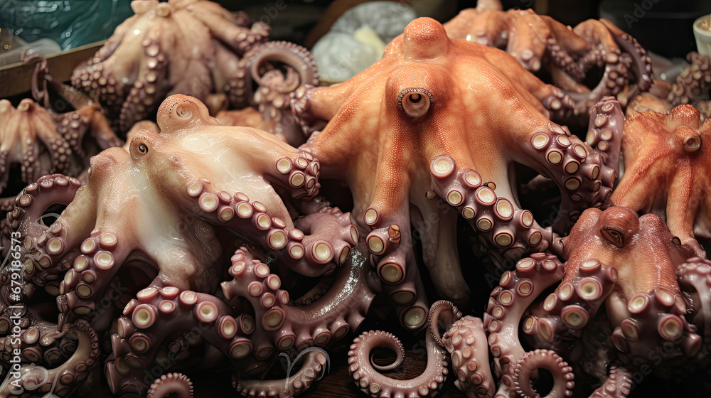 Fresh octopus  vulgaris on the counter of a fish markets