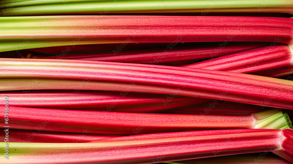 Fresh ripe rhubarb stalks as background, red and green 