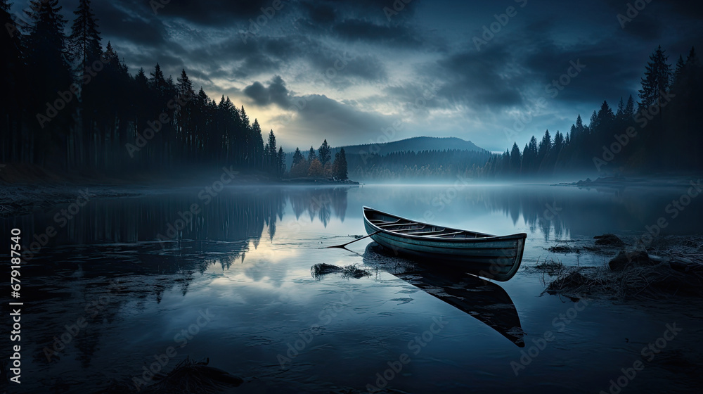 A Boat on the Lake at Sunset with fog  Landscape background, calm	