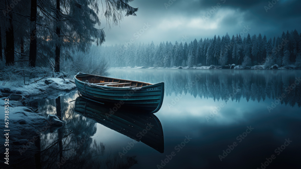 A Boat on the Lake at Sunset with fog  Landscape background, calm	