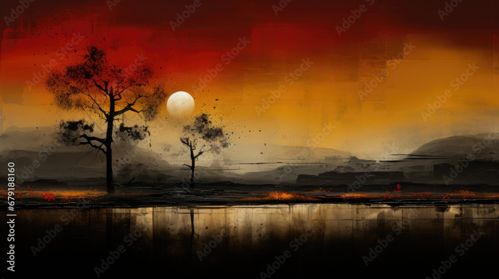 sunset over the lake, Abstract landscape minimalist, orange black art wallpaper illusrtration