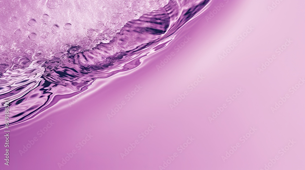 Transparent purple liquid colored clear water surface texture with ripples, splashes and bubbles. Abstract nature background Water waves in sunlight with copy space , soft purple water,blue	 