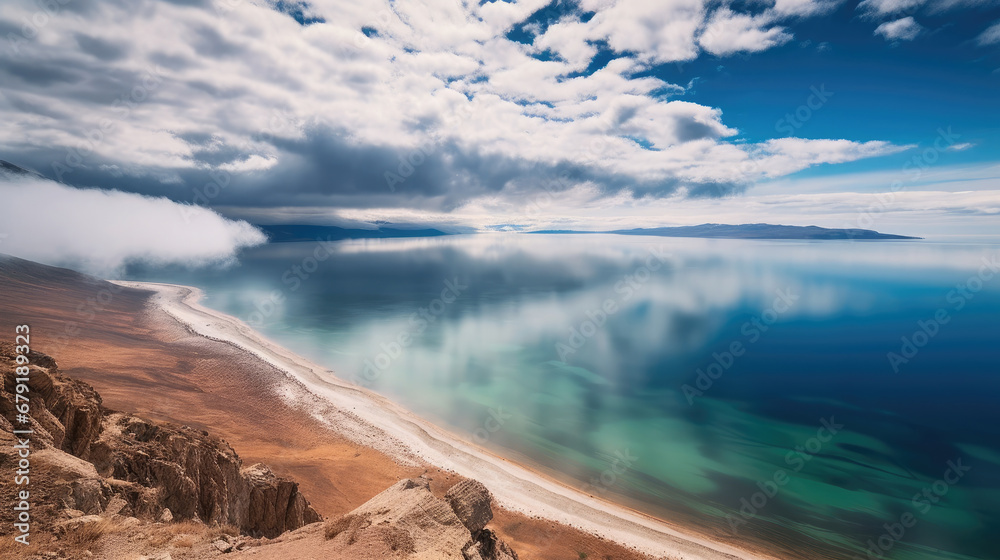 lake in the mountains, Beautiful shore of Baikal lake, cloud over the water.