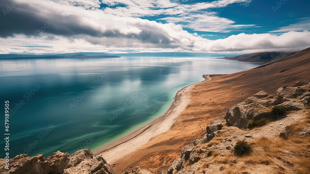 lake in the mountains, Beautiful shore of Baikal lake, cloud over the water.