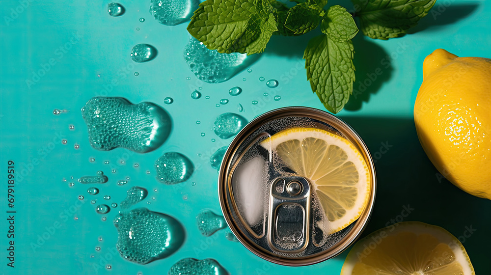 Creative summer composition with lemon slice, mint leaves, can of soda and ice cubes. Minimal lemonade drink concept.