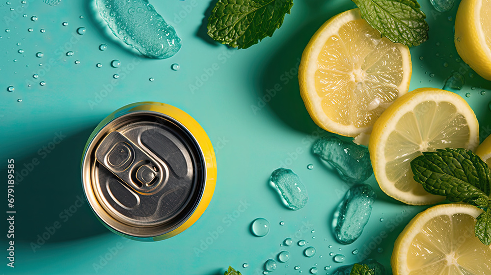 Creative summer composition with lemon slice, mint leaves, can of soda and ice cubes. Minimal lemonade drink concept.