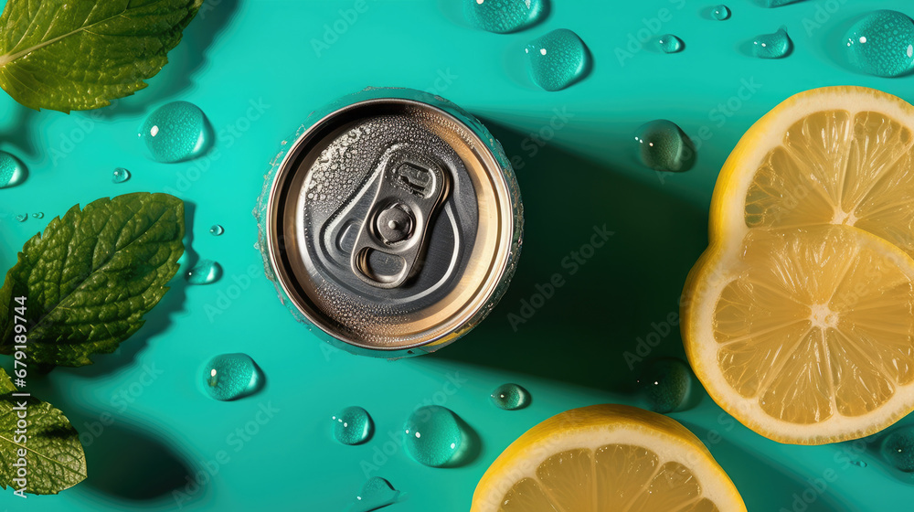 Creative summer composition with lemon slice, mint leaves, can of soda and ice cubes. Minimal lemonade drink concept.