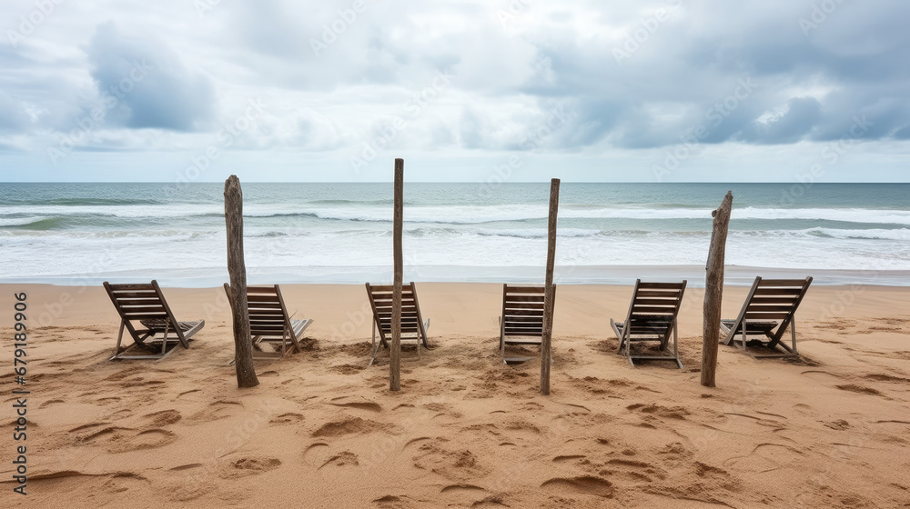 beach chairs on the beach, Empty wooden sun loungers on the sand of the deserted beach facing the sea on a cloudy day.