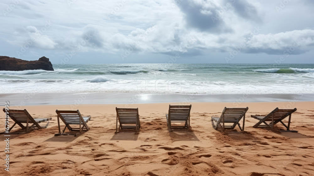 beach chairs on the beach, Empty wooden sun loungers on the sand of the deserted beach facing the sea on a cloudy day.