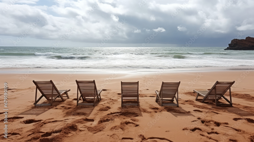 beach chairs on the beach, Empty wooden sun loungers on the sand of the deserted beach facing the sea on a cloudy day.