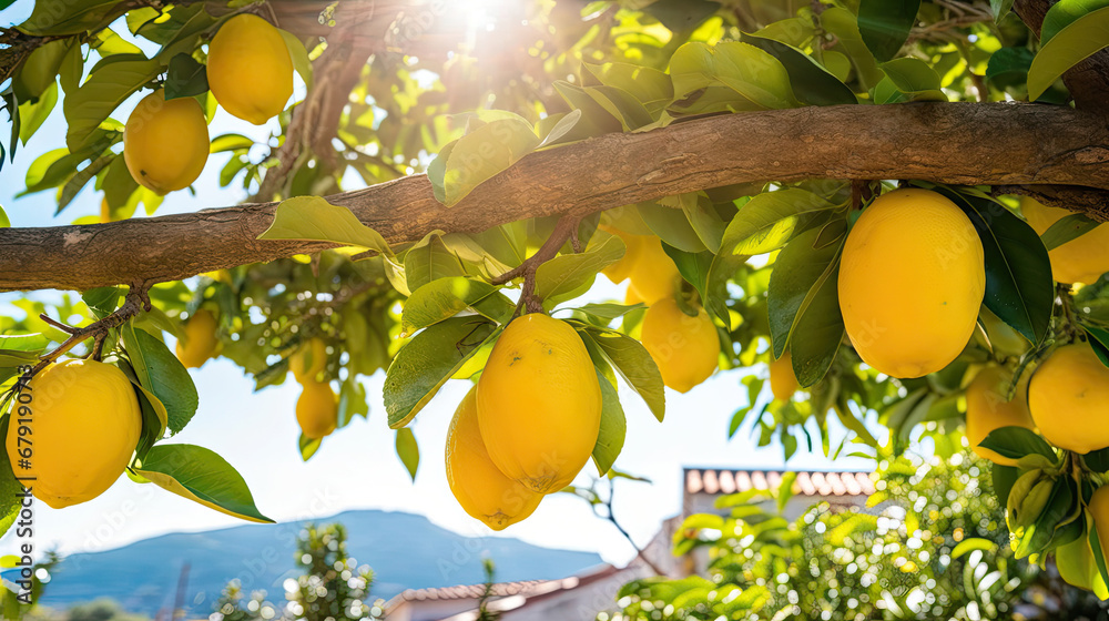 Bunches of fresh yellow ripe lemons on lemon tree branches in Italian garden