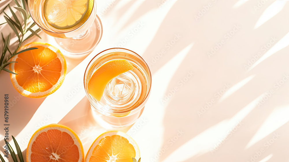 Summer orange cocktails with citrus fruits on white background. Hard seltzer, lemonade, refreshing drinks, low alcohol mocktails, summer party concept