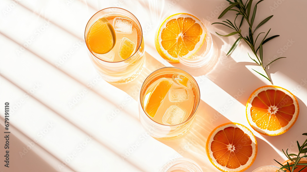 Summer orange cocktails with citrus fruits on white background. Hard seltzer, lemonade, refreshing drinks, low alcohol mocktails, summer party concept