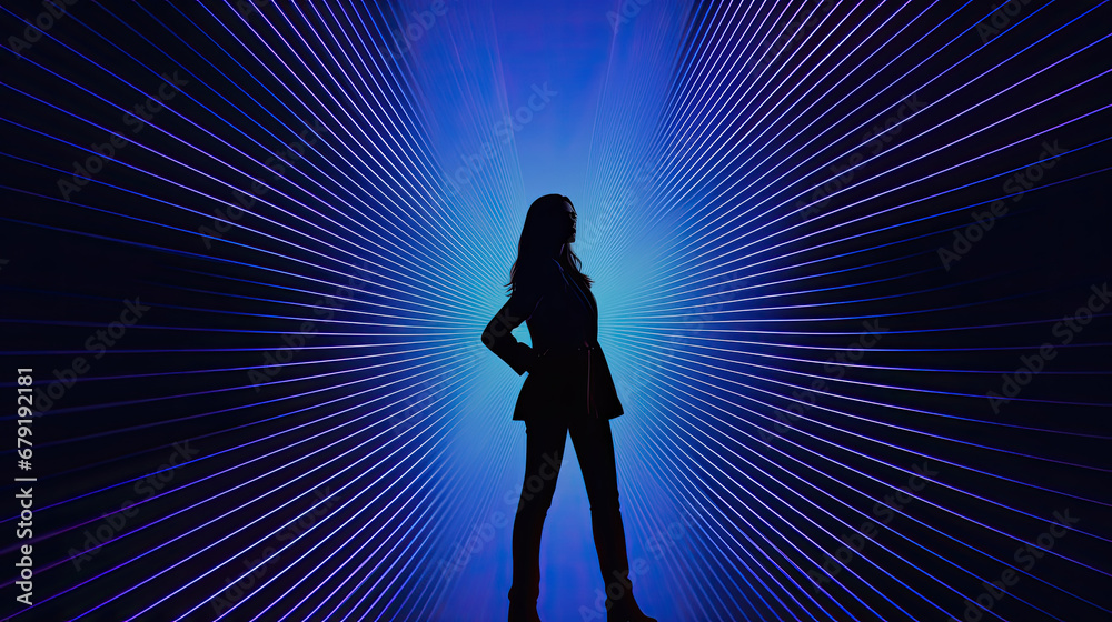 silhouette of a person in a light, businesswoman silhouette on bright blue lines background. 