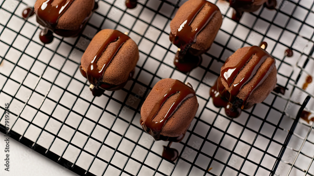 Appetizing freshly made desserts macarons covered with melted chocolate in rows on metal mesh, sausages on a grill