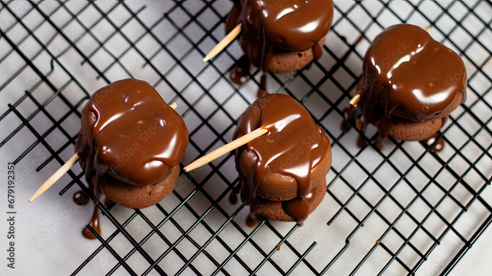 Appetizing freshly made desserts macarons covered with melted chocolate in rows on metal mesh, sausages on a grill