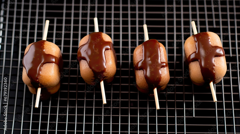 Appetizing freshly made desserts macarons covered with melted chocolate in rows on metal mesh, sausages on a grill