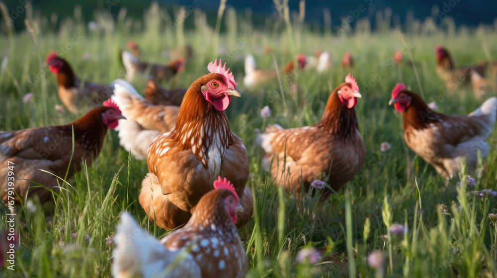 range chickens on grass, Happy free range chicken in the meadow