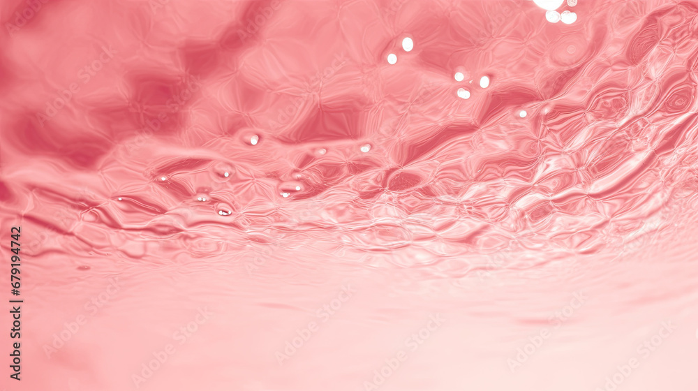 Transparent red liquid colored clear water surface texture with ripples, splashes and bubbles. Abstract nature background Water waves in sunlight with copy space , soft red water, soft pink water	 