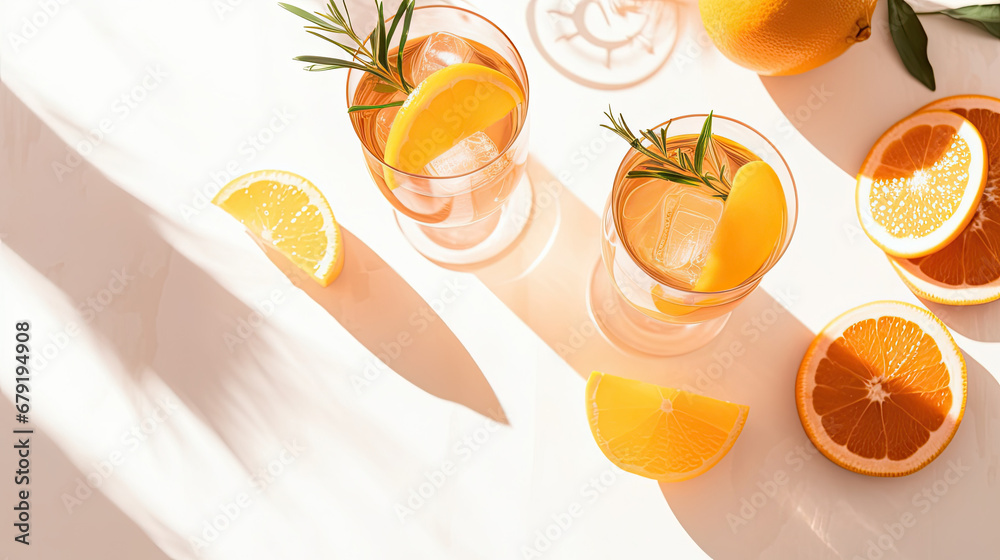 Summer orange cocktails with citrus fruits on white background. Hard seltzer, lemonade, refreshing drinks, low alcohol mocktails, summer party concept