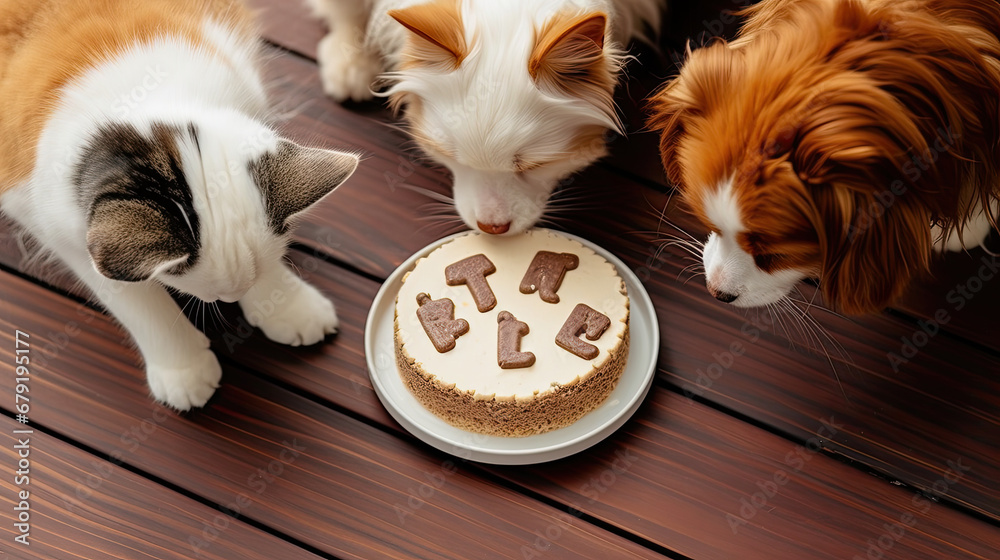 Animals birthday party. Dog and cats celebrate birthday. Cake for pet made of cookies in shape of meat bones.