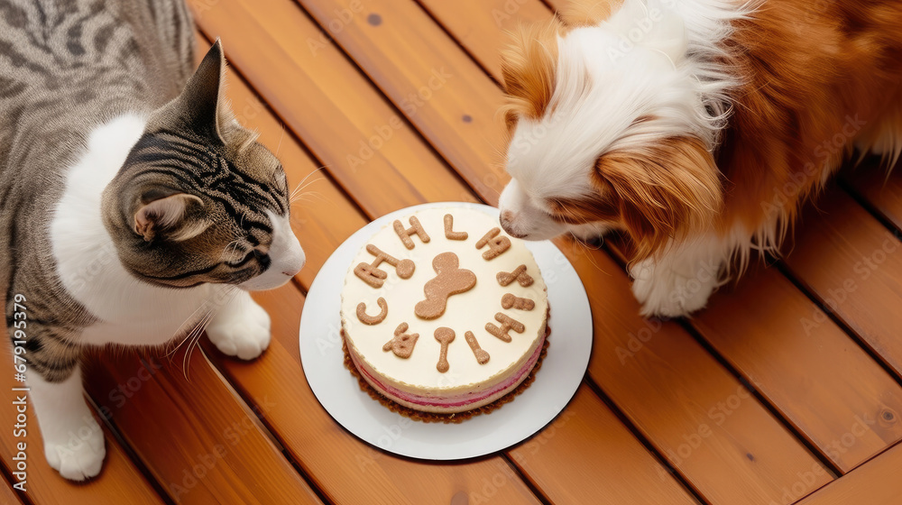 Animals birthday party. Dog and cats celebrate birthday. Cake for pet made of cookies in shape of meat bones.