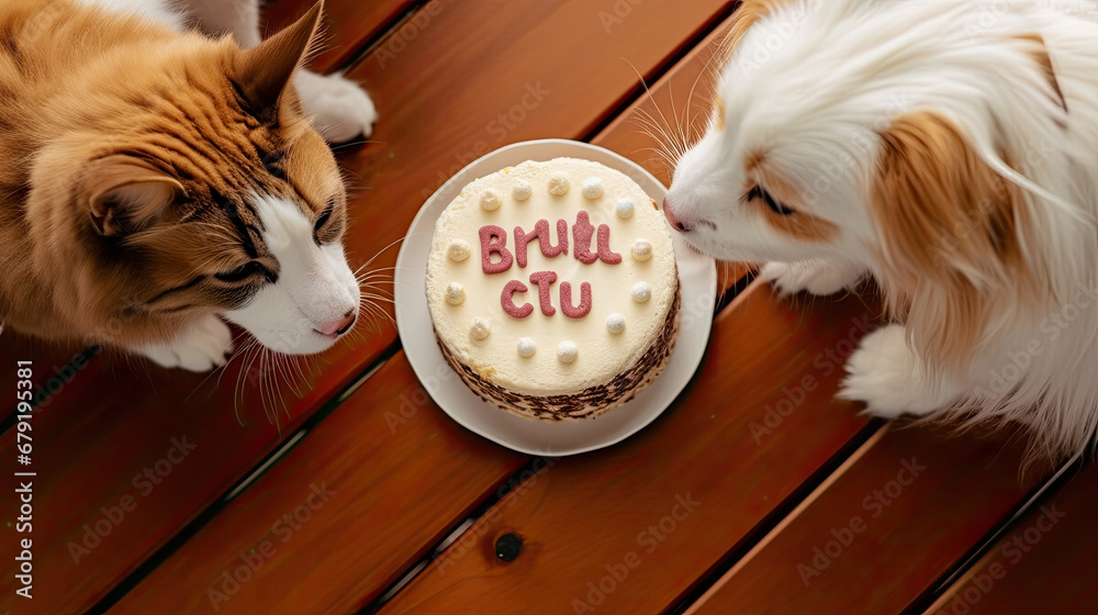 Animals birthday party. Dog and cats celebrate birthday. Cake for pet made of cookies in shape of meat bones.