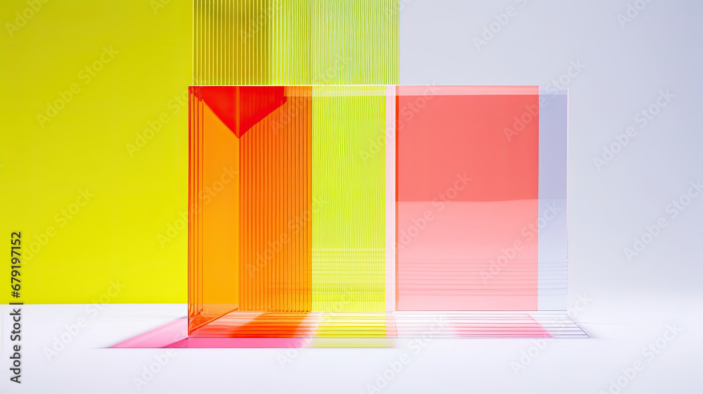 abstract background with yellow red squares, Futuristic simple background made of coloured acrylic glass for perfume or make up. Layered composition provides depth and perspective for product