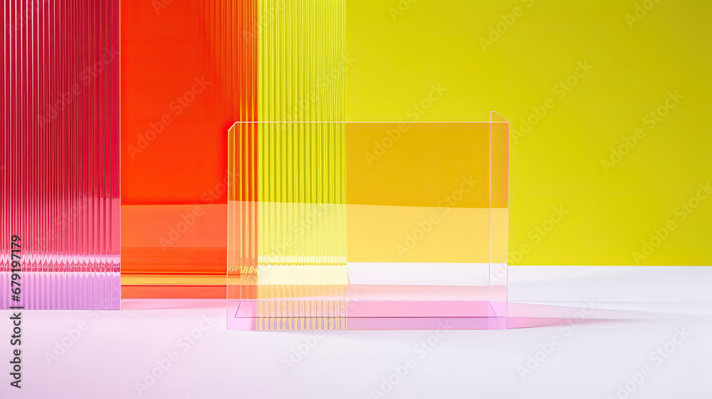 abstract background with yellow red squares, Futuristic simple background made of coloured acrylic glass for perfume or make up. Layered composition provides depth and perspective for product