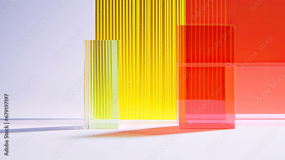 abstract background with yellow red squares, Futuristic simple background made of coloured acrylic glass for perfume or make up. Layered composition provides depth and perspective for product