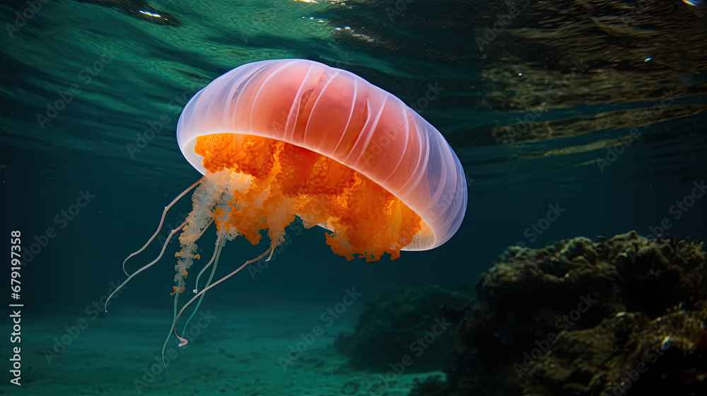 A small pink jellyfish swims just under the surface of the sea