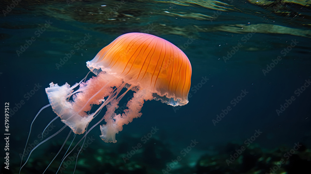 A small pink jellyfish swims just under the surface of the sea