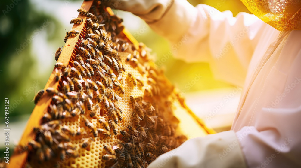 Beekeeper holding frame with honey comb. Selective focus. Agriculture industry. Production of sweet gold organic product for human consumption. Popular garden hobby.