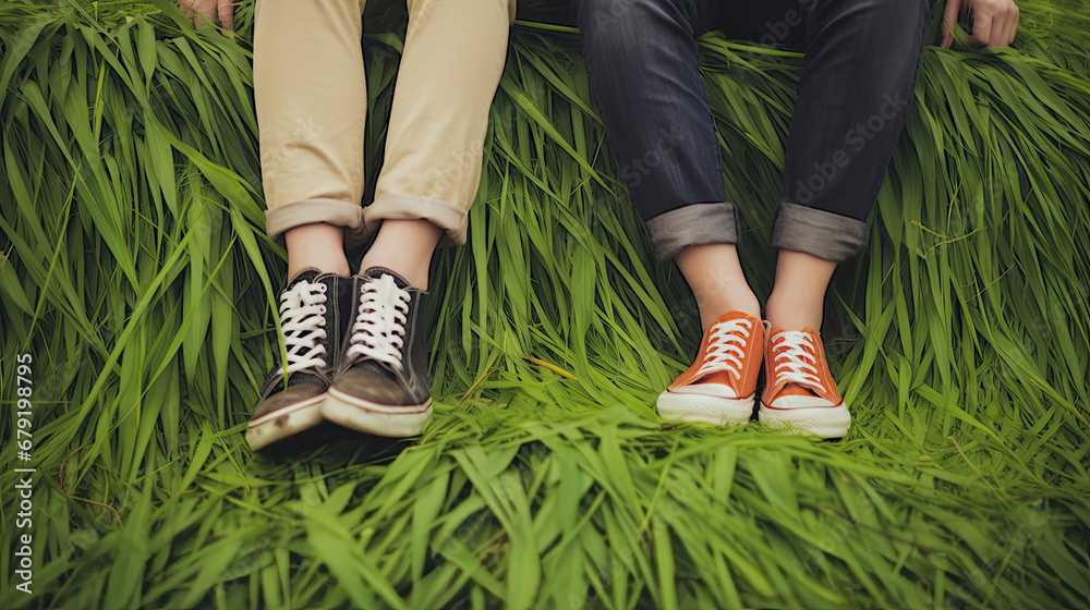 Couple sitting together on green grass. Boys and girls legs on green grass