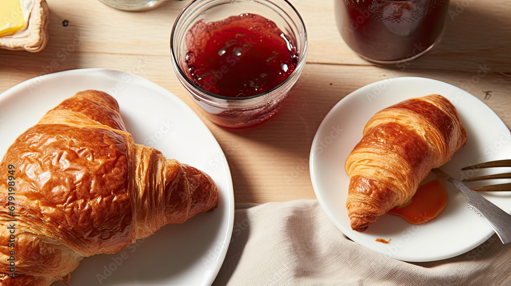 Breakfast with croissant and tea