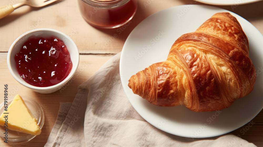 Breakfast with croissant and tea