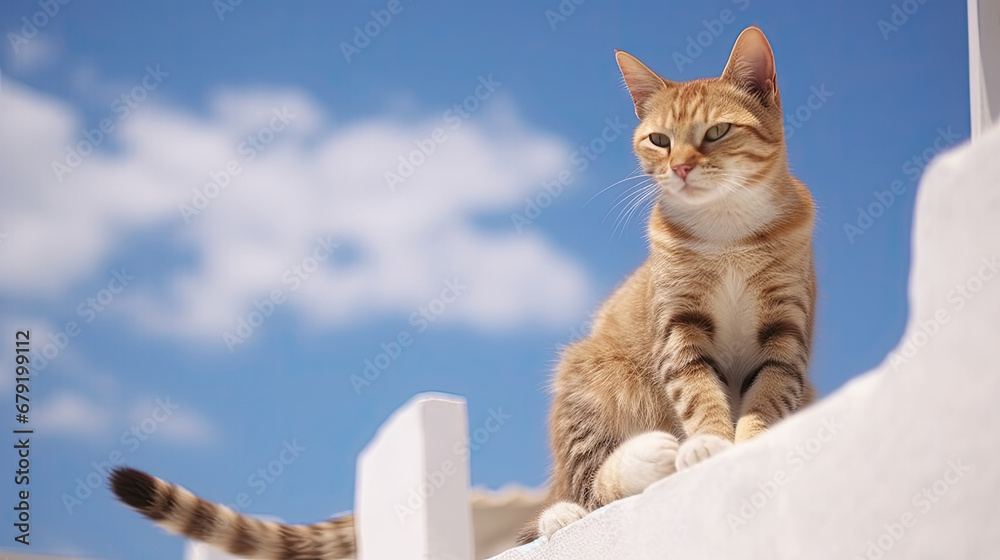 Cats lie on roofs of the white-walled houses 