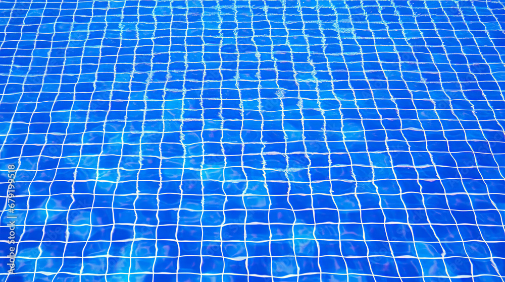  blue tiles floor under the clear water in the swimming pool background, Swimming pool surface with floor mosaic tiles in blue