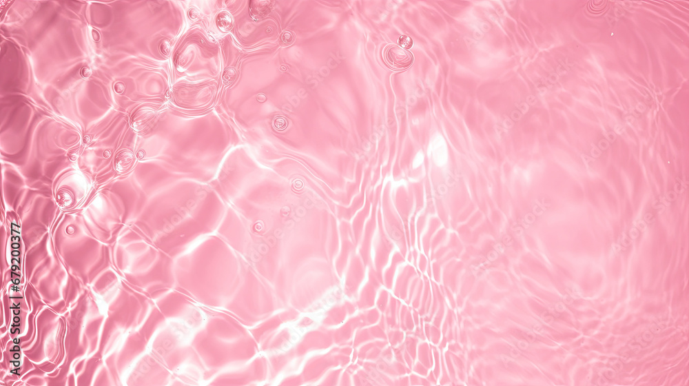 Transparent pink liquid colored clear water surface texture with ripples, splashes and bubbles. Abstract nature background Water waves in sunlight with copy space , soft pink water	,soft red water 