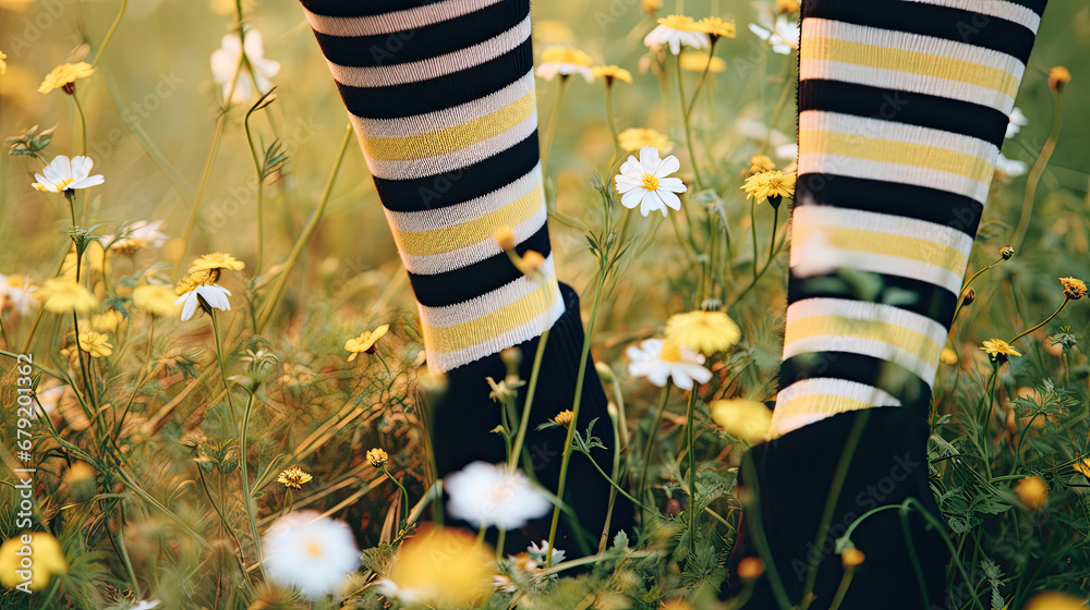 Close up female feet wearing jeans and striped black and yellow orange socks with flowers inside standing onthe green grass of blooming meadow.Concept of bee protection, bloom season, art, creativity.