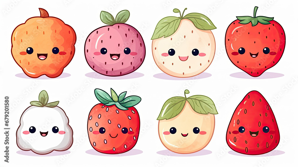 set of funny kawaii fruits and vegetables