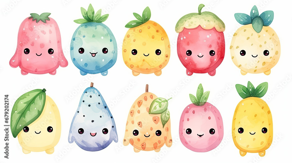 set of funny kawaii fruits and vegetables