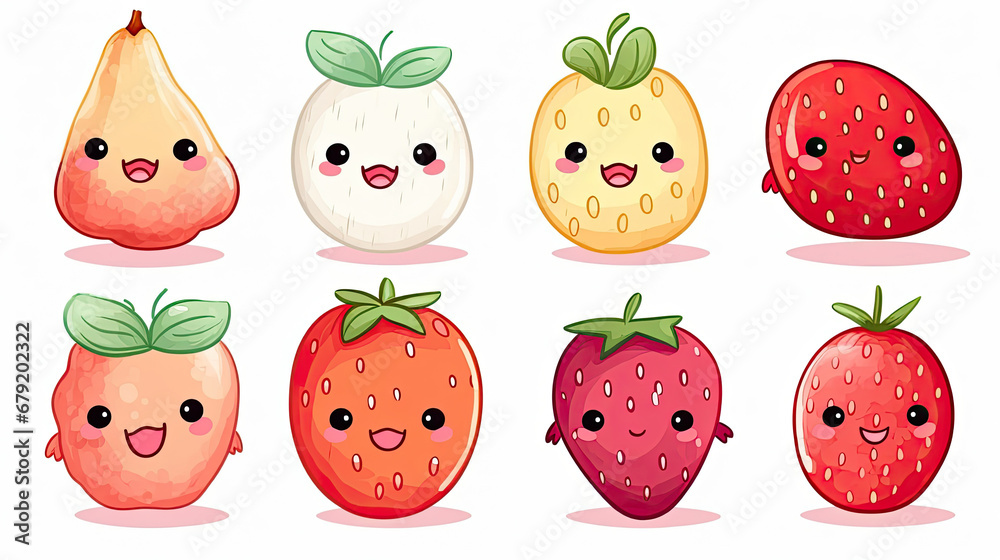 set of funny kawaii fruits and vegetables