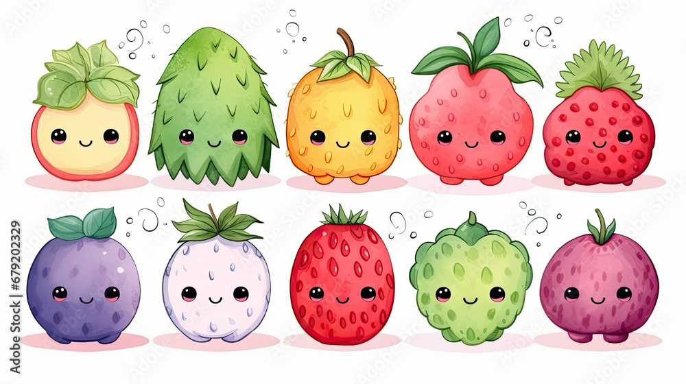 set of funny kawaii fruits and vegetables