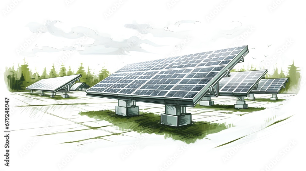 A conceptual illustration of a large scale solar panel farm project, with rows of photovoltaic panels spread across an open field, depicted as an project sketch.