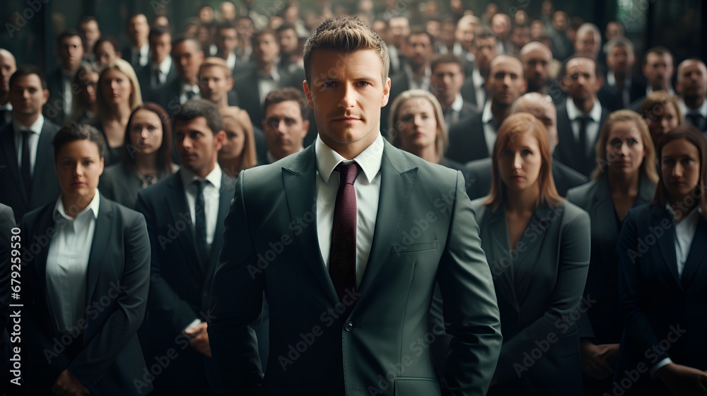 A confident businessman in a suit exudes strong leadership qualities, standing out as a leader with a powerful business person and an aura of authority.