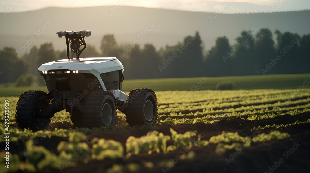 Autonomous robot equipped with sensors and AI technology working in an agricultural field, showcasing the innovative integration of smart farming automation for enhanced production efficiency.